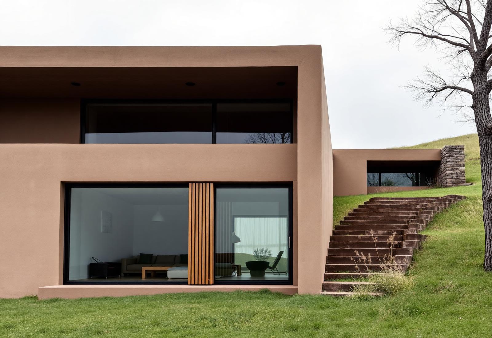 Vivienda contemporánea de materiales naturales integrada a una ladera andina